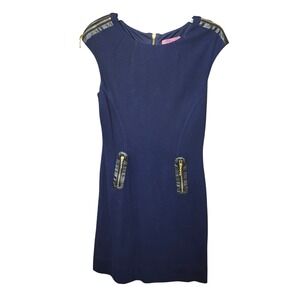 Eliza J New York Navy Blue Sheath Dress Faux Leather Zipper Accents Size M